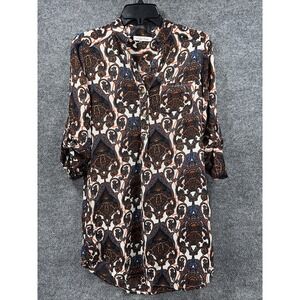 Wishful Park Blouse Womens Size Small Blue‎ Orange White V-Neck Roll Tab Sleeves